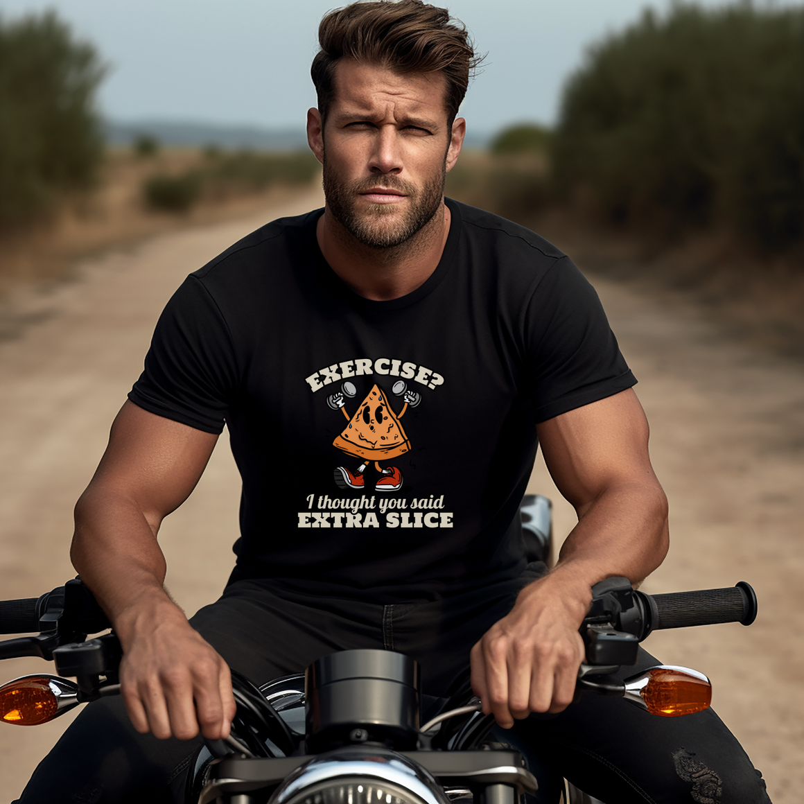 a man on a motorcycle wearing a funny gym T-shirt that says Exercise? I thought You Said Extra Slice.