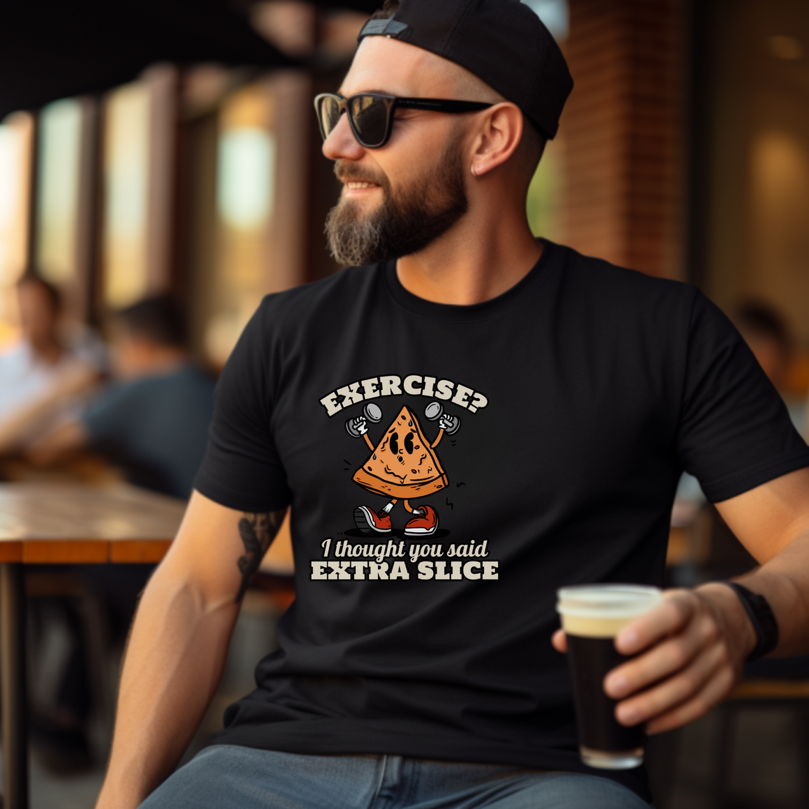 a man wearing a funny gym T-shirt that says Exercise? I thought You Said Extra Slice.