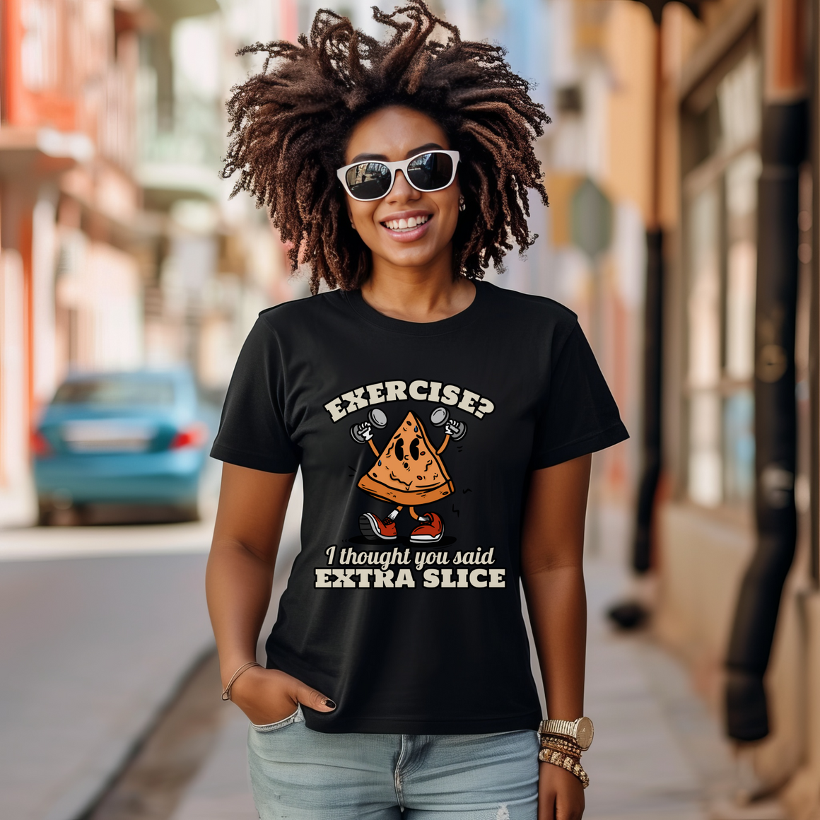 a woman wearing a funny gym T-shirt that says Exercise? I thought You Said Extra Slice.