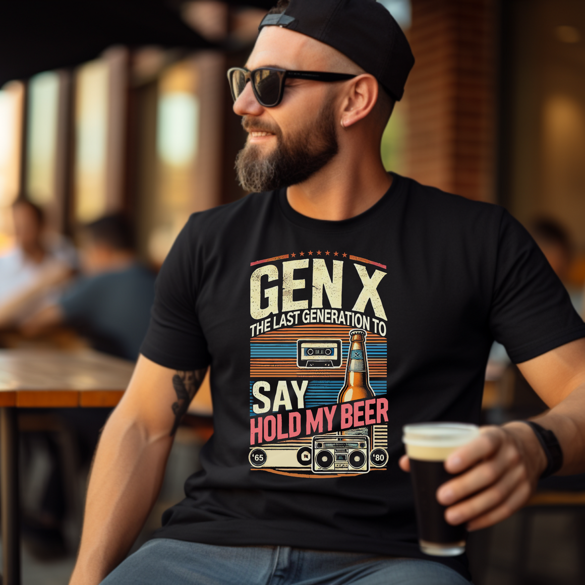 Man wearing a black t-shirt with the text "Gen X - The Last Generation to Say Hold My Beer," featuring retro graphics like a cassette tape, beer bottle, and boombox. This design is a perfect example of popular Gen X t-shirt sayings, highlighting humor and nostalgia for Generation X.