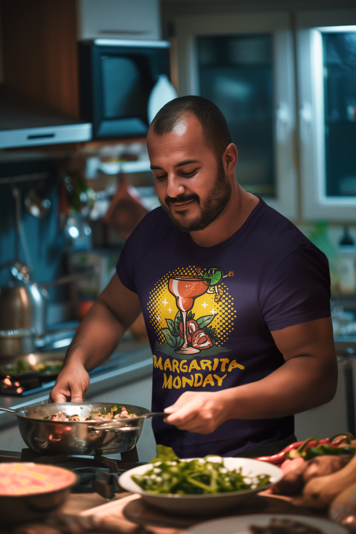 Man cooking in a kitchen while wearing a purple T-shirt with a "Margarita Monday" design, featuring a colorful margarita glass graphic and bold lettering. This is one of the trendy Margarita Monday T-shirt styles, adding a festive and playful touch to his casual look, perfect for celebrating Margarita Monday even at home.