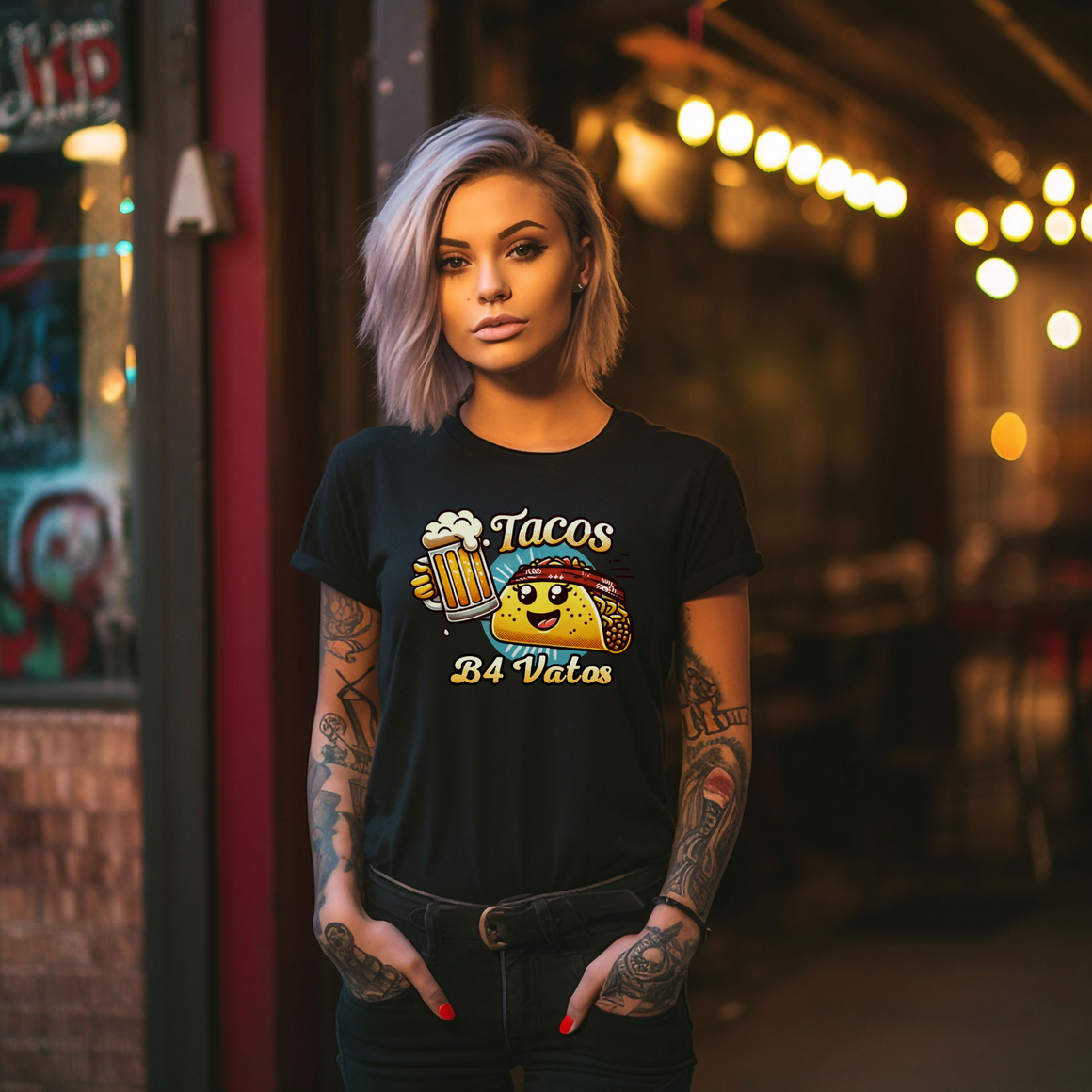 Black t-shirt featuring a fun 'Tacos B4 Vatos' design with a smiling taco character wearing a bandana and holding a beer mug. Perfect for taco lovers who prioritize food and fun with a playful style.