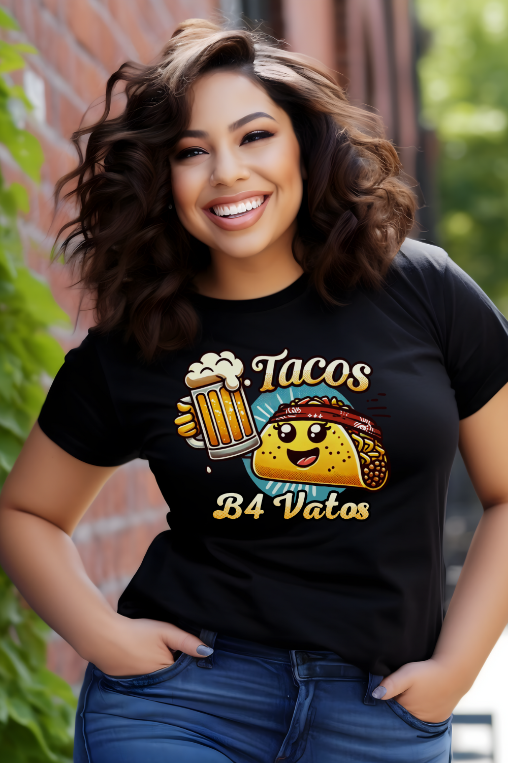 Black t-shirt featuring a fun 'Tacos B4 Vatos' design with a smiling taco character wearing a bandana and holding a beer mug. Perfect for taco lovers who prioritize food and fun with a playful style.