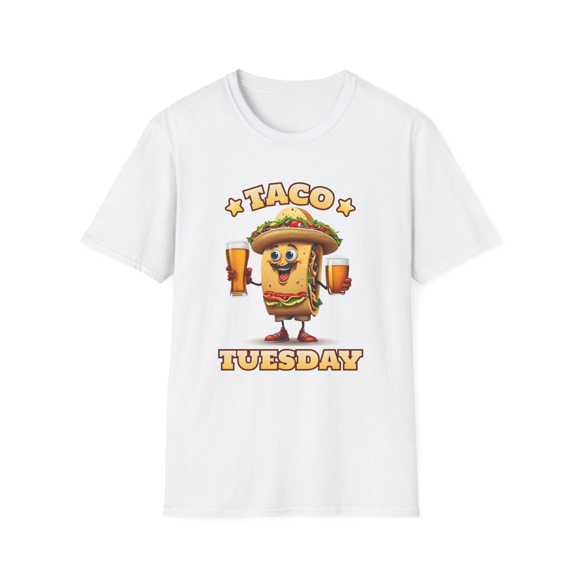 White t-shirt with a fun 'Taco Tuesday' design featuring a smiling taco character holding two beers, ready to celebrate. Perfect for taco enthusiasts who enjoy Taco Tuesday with a playful twist.