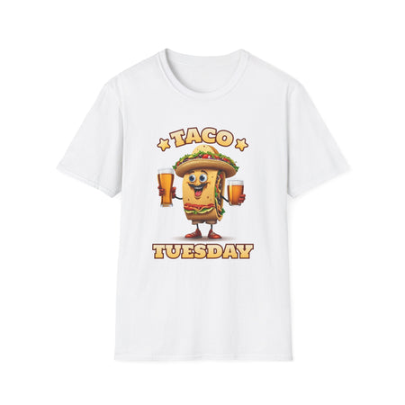White t-shirt with a fun 'Taco Tuesday' design featuring a smiling taco character holding two beers, ready to celebrate. Perfect for taco enthusiasts who enjoy Taco Tuesday with a playful twist.