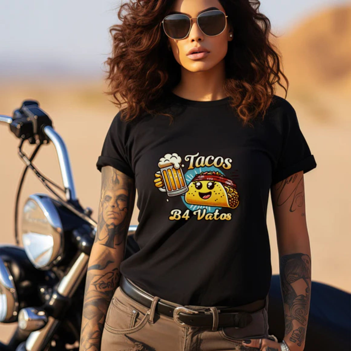 Black t-shirt featuring a fun 'Tacos B4 Vatos' design with a smiling taco character wearing a bandana and holding a beer mug. Perfect for taco lovers who prioritize food and fun with a playful style.