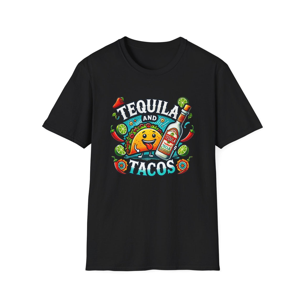 Black T-shirt featuring a lively 'Tequila and Tacos' design with a cheerful taco character, tequila bottle, lime slices, chili peppers, and festive decorations. Ideal for taco lovers and tequila fans who enjoy a fun, fiesta-inspired look.