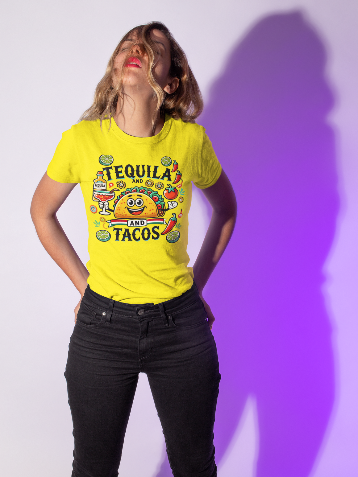 Bright Yellow t-shirt featuring a festive 'Tequila and Tacos' design with a smiling taco character, tequila bottle, margarita glass, lime slices, and chili peppers. Perfect for celebrating fiestas and taco nights with a fun and lively style.