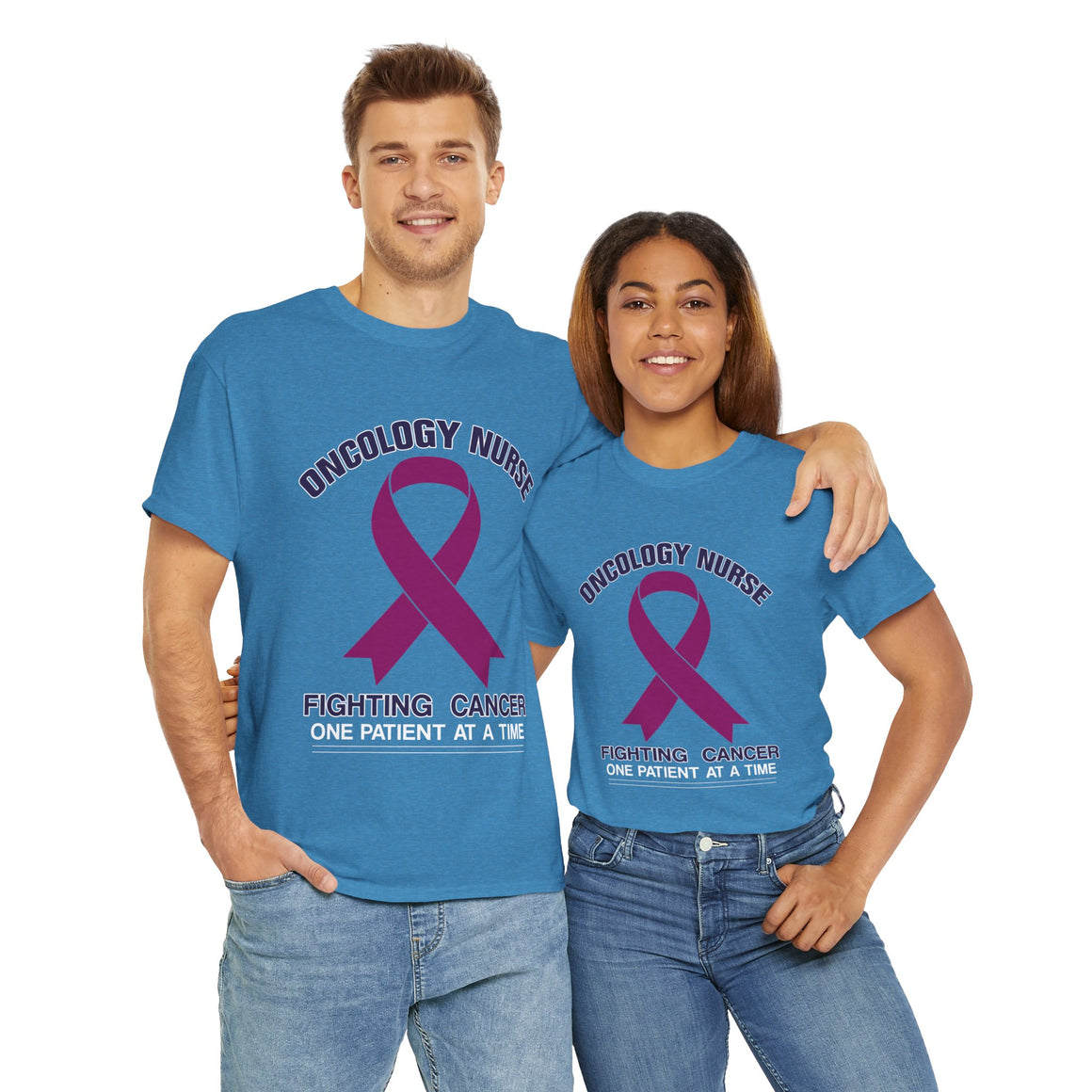 wo people wearing matching blue t-shirts with the design 'Oncology Nurse - Fighting Cancer One Patient at a Time' featuring a purple cancer ribbon. These oncology nurse t-shirt designs symbolize support and dedication in the fight against cancer.