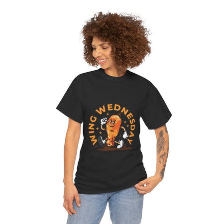 T-shirt featuring a fun 'Wing Wednesday' design with a cartoon-style chicken wing character in motion. Perfect for food lovers and those who enjoy celebrating Wing Wednesday in style.