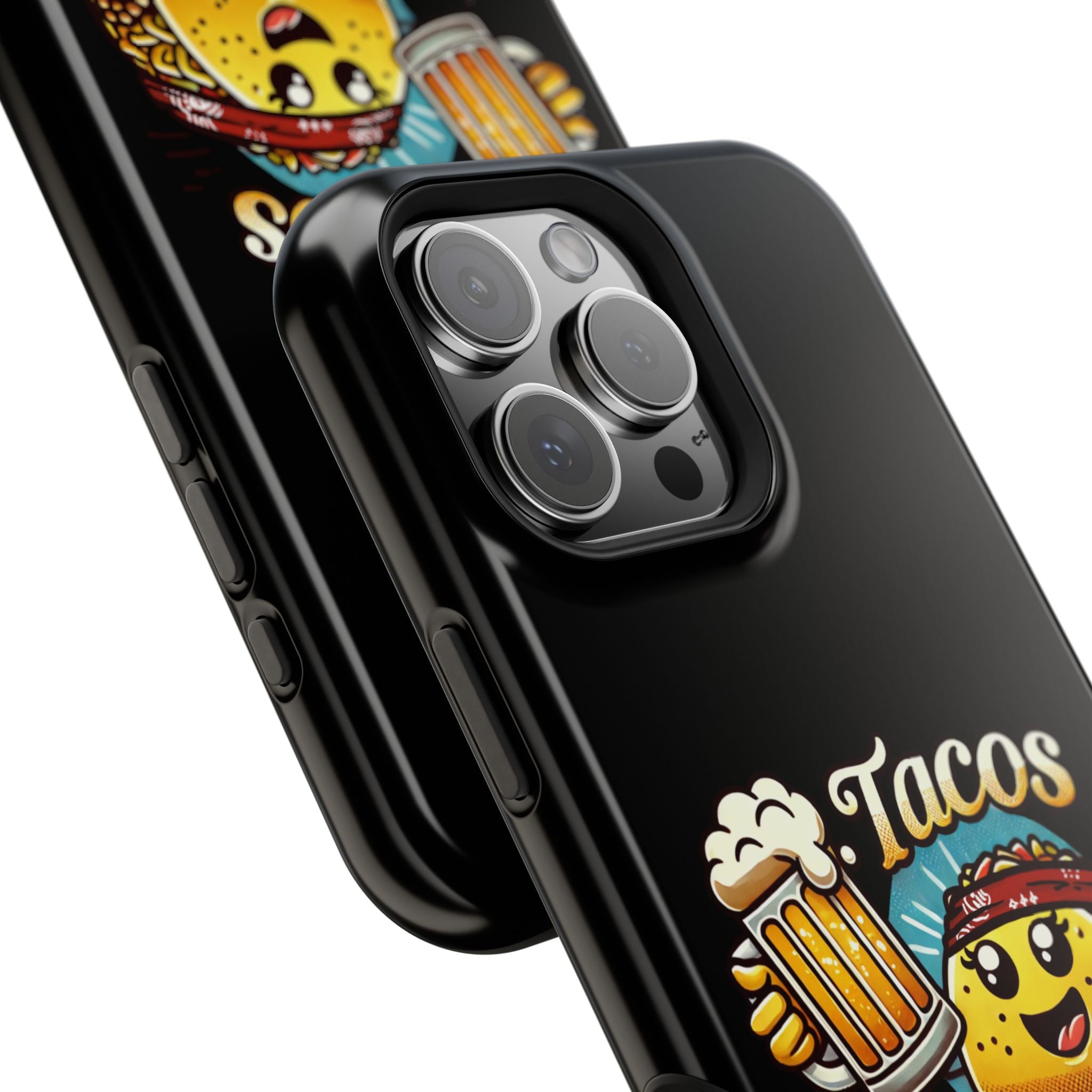 Black iPhone 16 magnetic phone case featuring a playful 'Tacos B4 Vatos' design with a cheerful taco character holding a frothy beer mug. Perfect for taco lovers who want a fun and unique phone accessory.