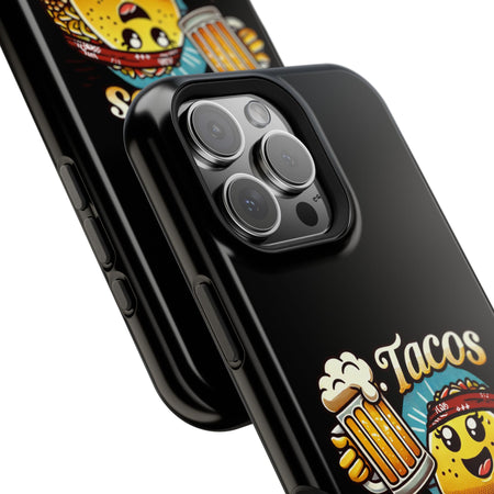 Black iPhone 16 magnetic phone case featuring a playful 'Tacos B4 Vatos' design with a cheerful taco character holding a frothy beer mug. Perfect for taco lovers who want a fun and unique phone accessory.