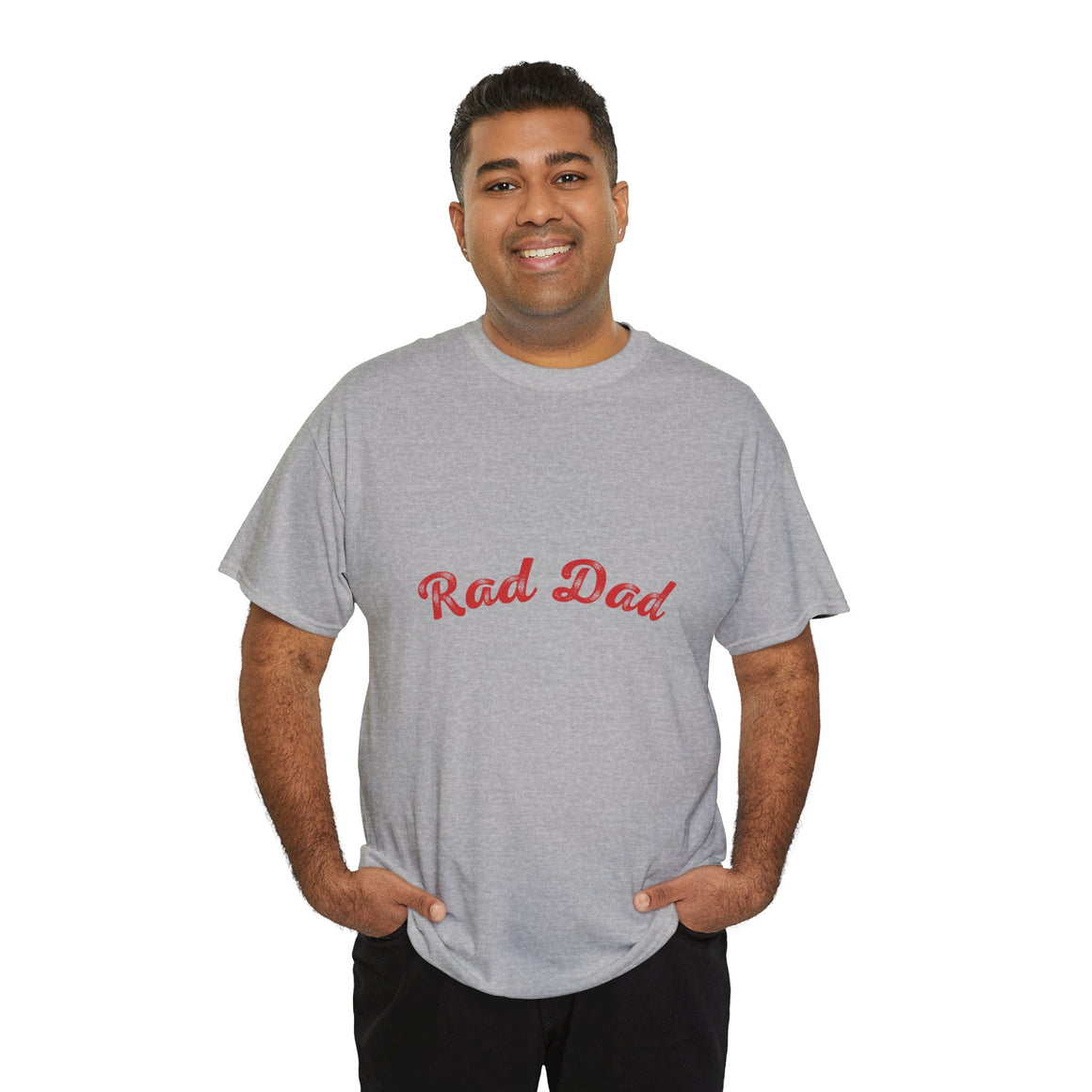 A Man standing ooutside wearing a t shirt with a Red Rad Dad Graphic on the front