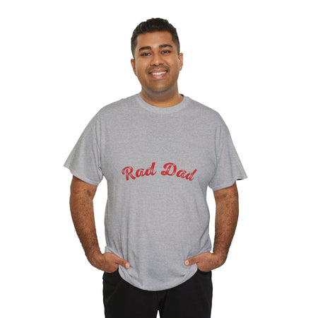 A Man standing ooutside wearing a t shirt with a Red Rad Dad Graphic on the front