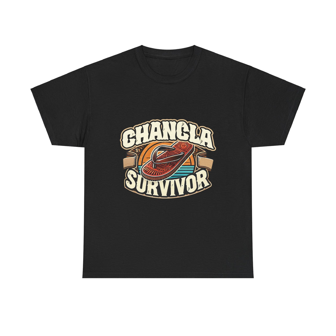 Funny Mexican t-shirt featuring the phrase 'Chancla Survivor. Black t-shirt featuring a retro-inspired 'Chancla Survivor' design with a graphic of a traditional sandal. Perfect for those with a sense of humor about family discipline and nostalgic cultural references.