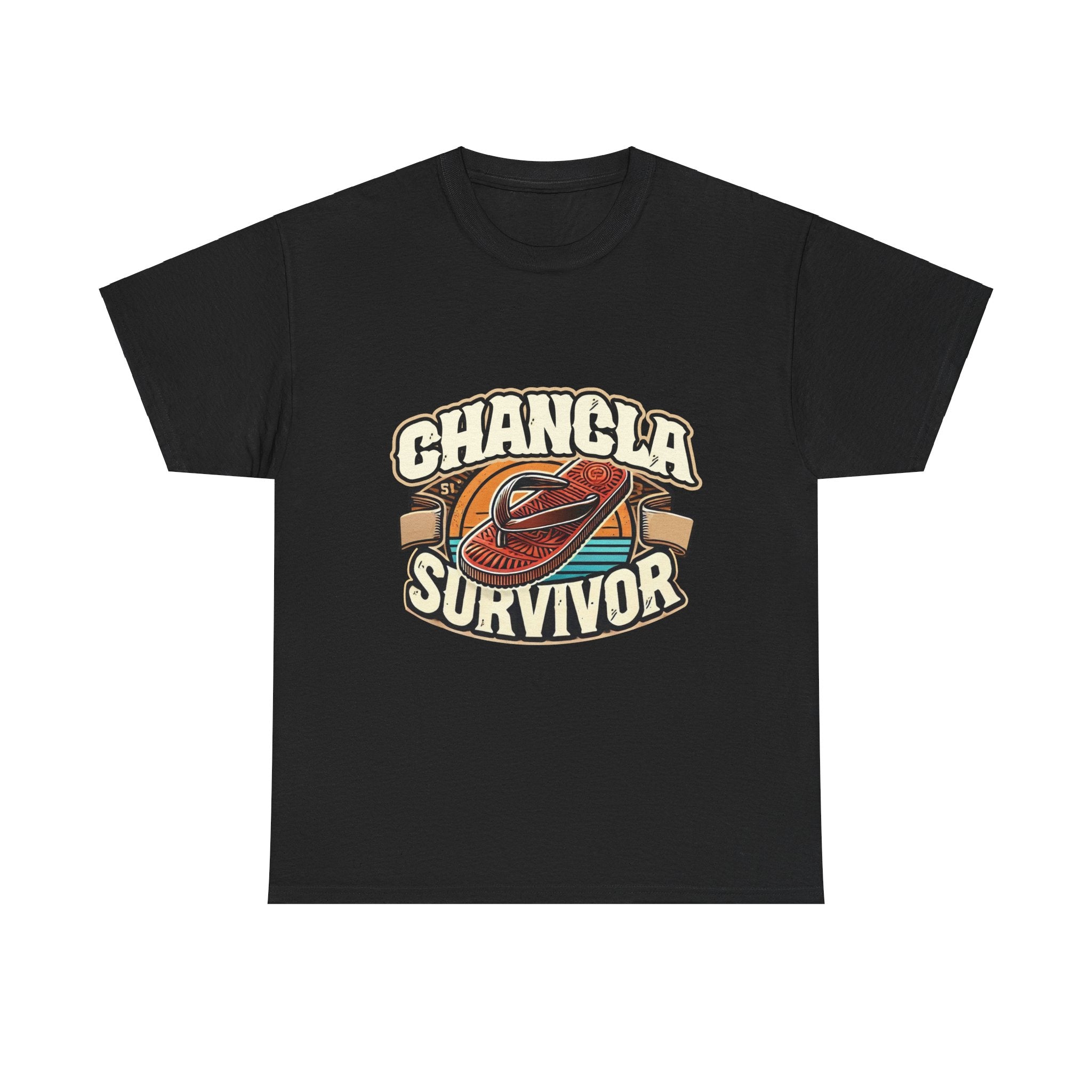 Funny Mexican t-shirt featuring the phrase 'Chancla Survivor. Black t-shirt featuring a retro-inspired 'Chancla Survivor' design with a graphic of a traditional sandal. Perfect for those with a sense of humor about family discipline and nostalgic cultural references.