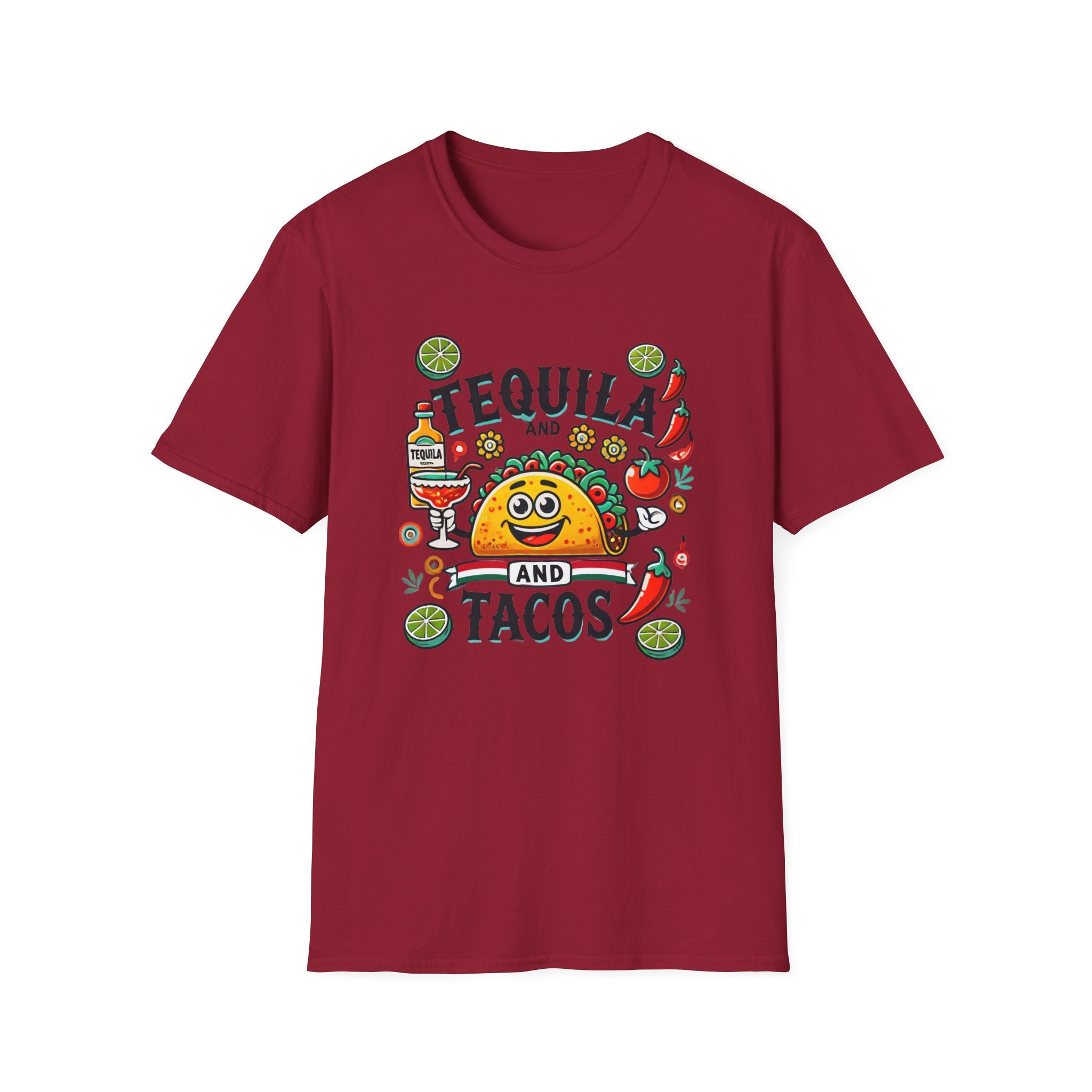 Red T-shirt featuring a festive 'Tequila and Tacos' design with a smiling taco character, tequila bottle, margarita glass, lime slices, and chili peppers. Perfect for celebrating fiestas and taco nights with a fun and lively style.