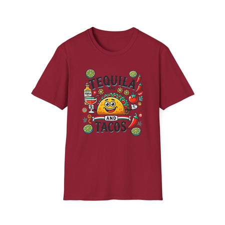 Red T-shirt featuring a festive 'Tequila and Tacos' design with a smiling taco character, tequila bottle, margarita glass, lime slices, and chili peppers. Perfect for celebrating fiestas and taco nights with a fun and lively style.