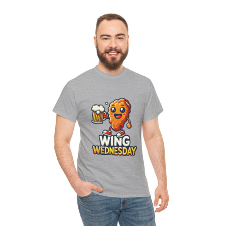 Wing Wednesday' t-shirt featuring a cheerful, cartoon-style chicken wing character holding a beer mug. Perfect for those who love celebrating Wing Wednesday with a fun and playful design.