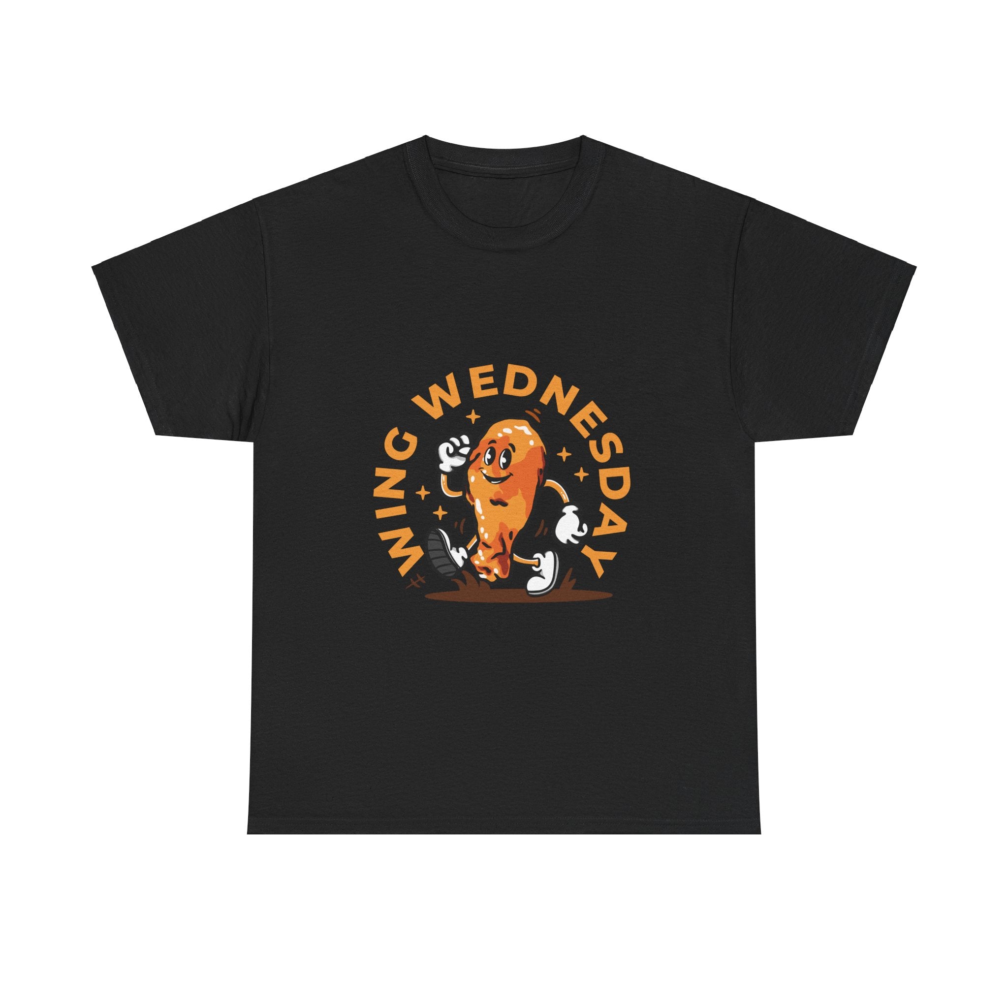 Black t-shirt featuring a fun 'Wing Wednesday' design with a cartoon-style chicken wing character in motion. Perfect for food lovers and those who enjoy celebrating Wing Wednesday in style."