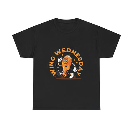 Black t-shirt featuring a fun 'Wing Wednesday' design with a cartoon-style chicken wing character in motion. Perfect for food lovers and those who enjoy celebrating Wing Wednesday in style."