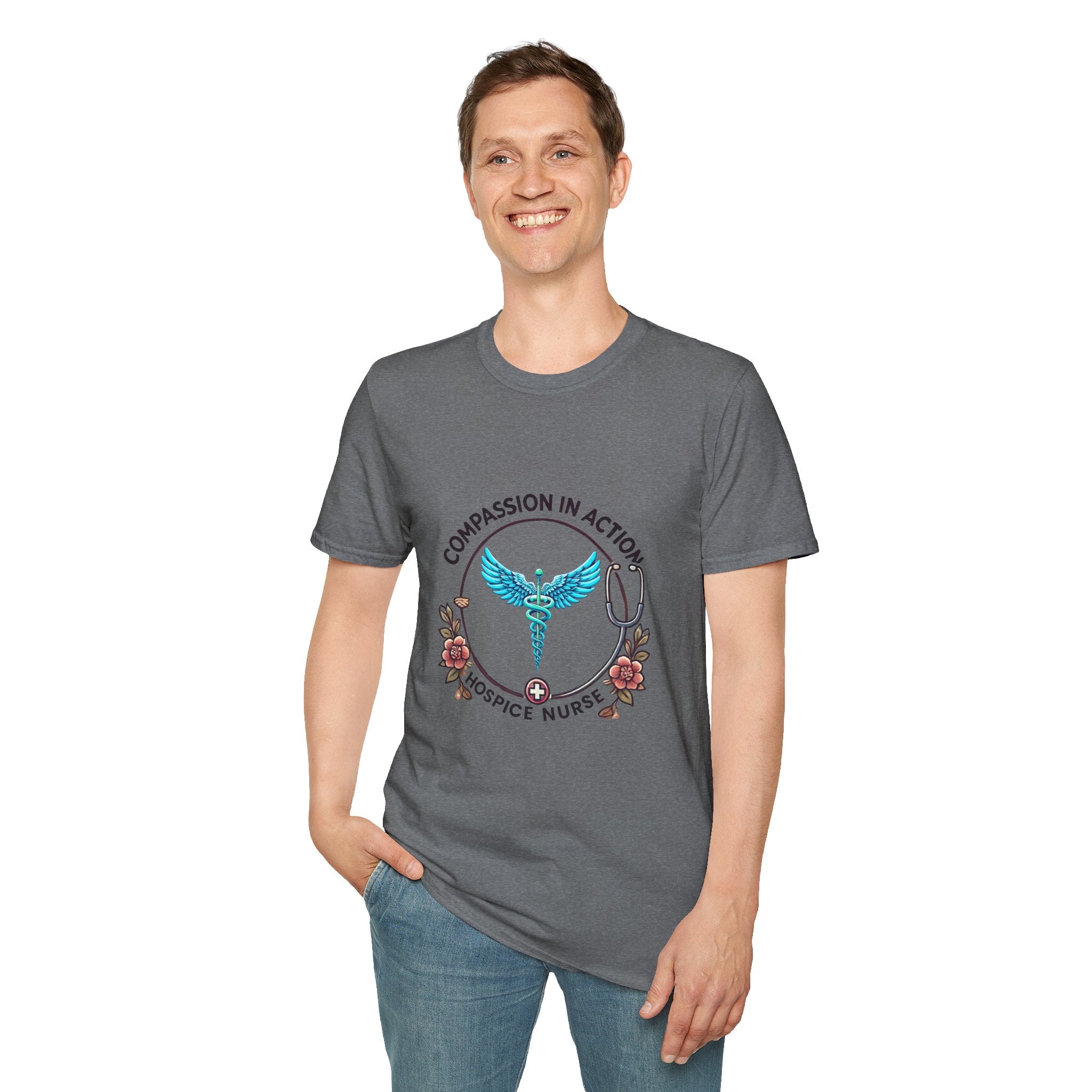 Hospice nurse t-shirt featuring the phrase 'Compassion in Action' with a medical caduceus symbol, flowers, and stethoscope graphic. Ideal for hospice nurses who bring compassion and care to their work.