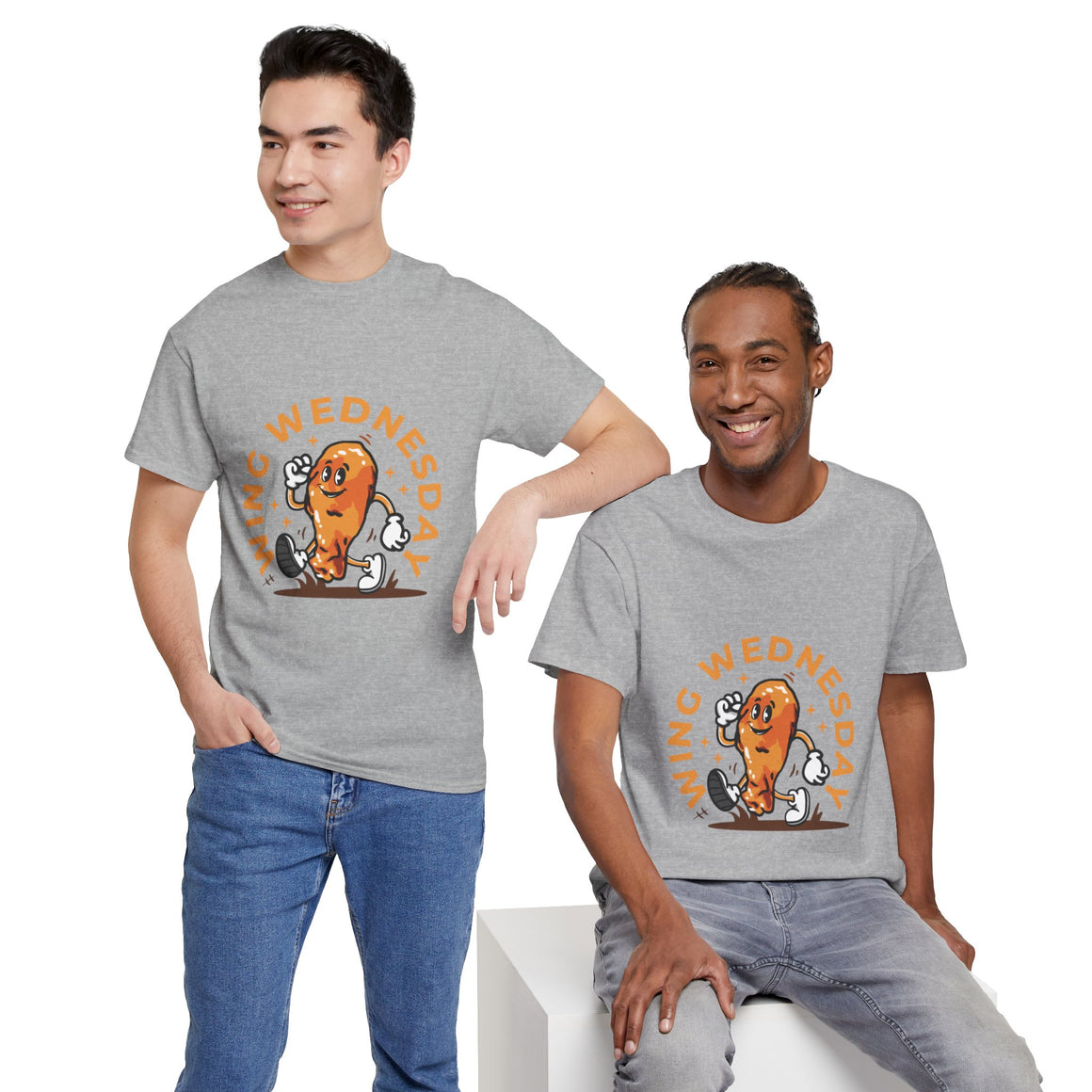 T-shirt featuring a fun 'Wing Wednesday' design with a cartoon-style chicken wing character in motion. Perfect for food lovers and those who enjoy celebrating Wing Wednesday in style.