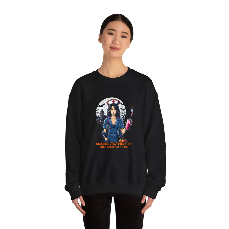 Unisex Halloween Nurse Sweatshirt | Scaring Away Illness Design | Cozy and Durable Crewneck