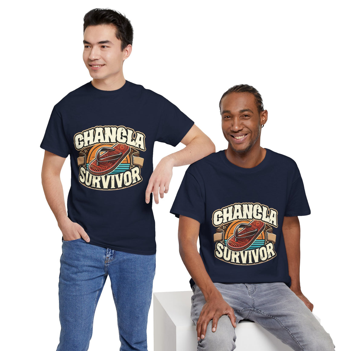 Funny Mexican t-shirt featuring the phrase 'Chancla Survivor. Navy Blue t-shirt featuring a retro-inspired 'Chancla Survivor' design with a graphic of a traditional sandal. Perfect for those with a sense of humor about family discipline and nostalgic cultural references.