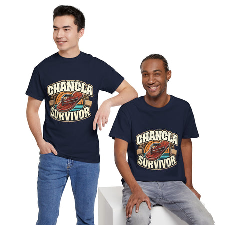 Funny Mexican t-shirt featuring the phrase 'Chancla Survivor. Navy Blue t-shirt featuring a retro-inspired 'Chancla Survivor' design with a graphic of a traditional sandal. Perfect for those with a sense of humor about family discipline and nostalgic cultural references.