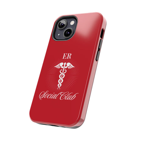 ER Social Club tough phone case in vibrant red with a white Caduceus symbol, representing emergency medical services. The case features the text 'ER Social Club' in elegant script, combining style with durable protection for healthcare professionals. Compatible with iPhone and Samsung models, this case offers impact resistance and a glossy finish for a professional and stylish look.