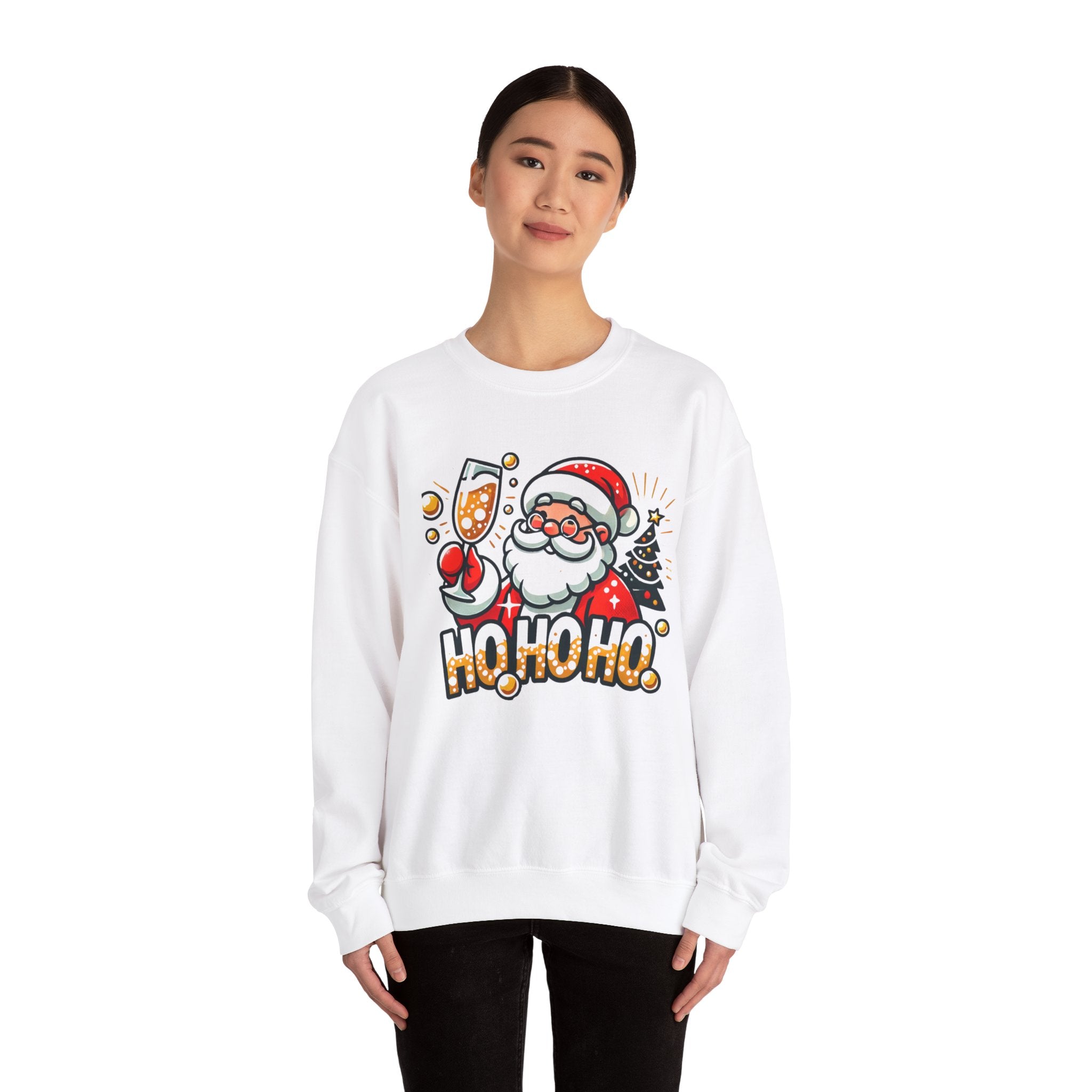 White Christmas sweatshirt featuring a cheerful Santa holding a champagne glass, next to a decorated Christmas tree and the festive text 'Ho Ho Ho.' A fun holiday sweatshirt perfect for adding Christmas cheer to any celebration.