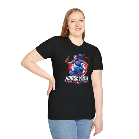 A Black T-shirt  featuring one of the Nurse Ninja t-shirt designs, depicting a dynamic nurse dressed as a ninja holding a syringe. The graphic includes the text "Nurse Ninja - Fighting Sickness, Healing Patients," showcasing a bold and heroic theme, perfect for healthcare professionals.