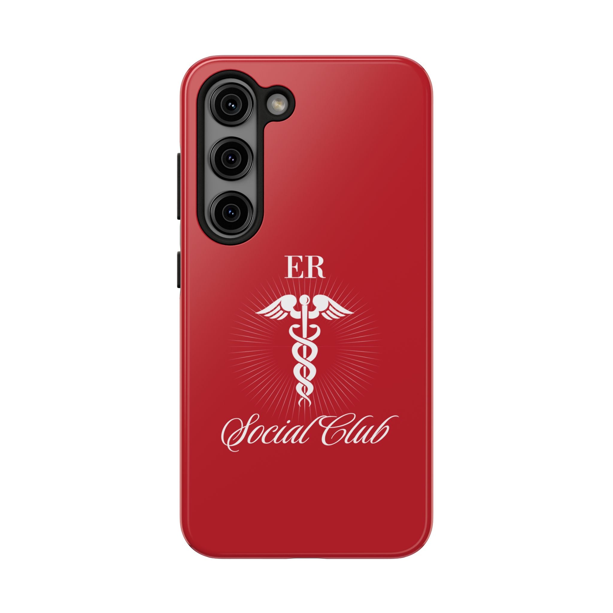 ER Social Club tough phone case in vibrant red with a white Caduceus symbol, representing emergency medical services. The case features the text 'ER Social Club' in elegant script, combining style with durable protection for healthcare professionals. Compatible with iPhone and Samsung models, this case offers impact resistance and a glossy finish for a professional and stylish look.