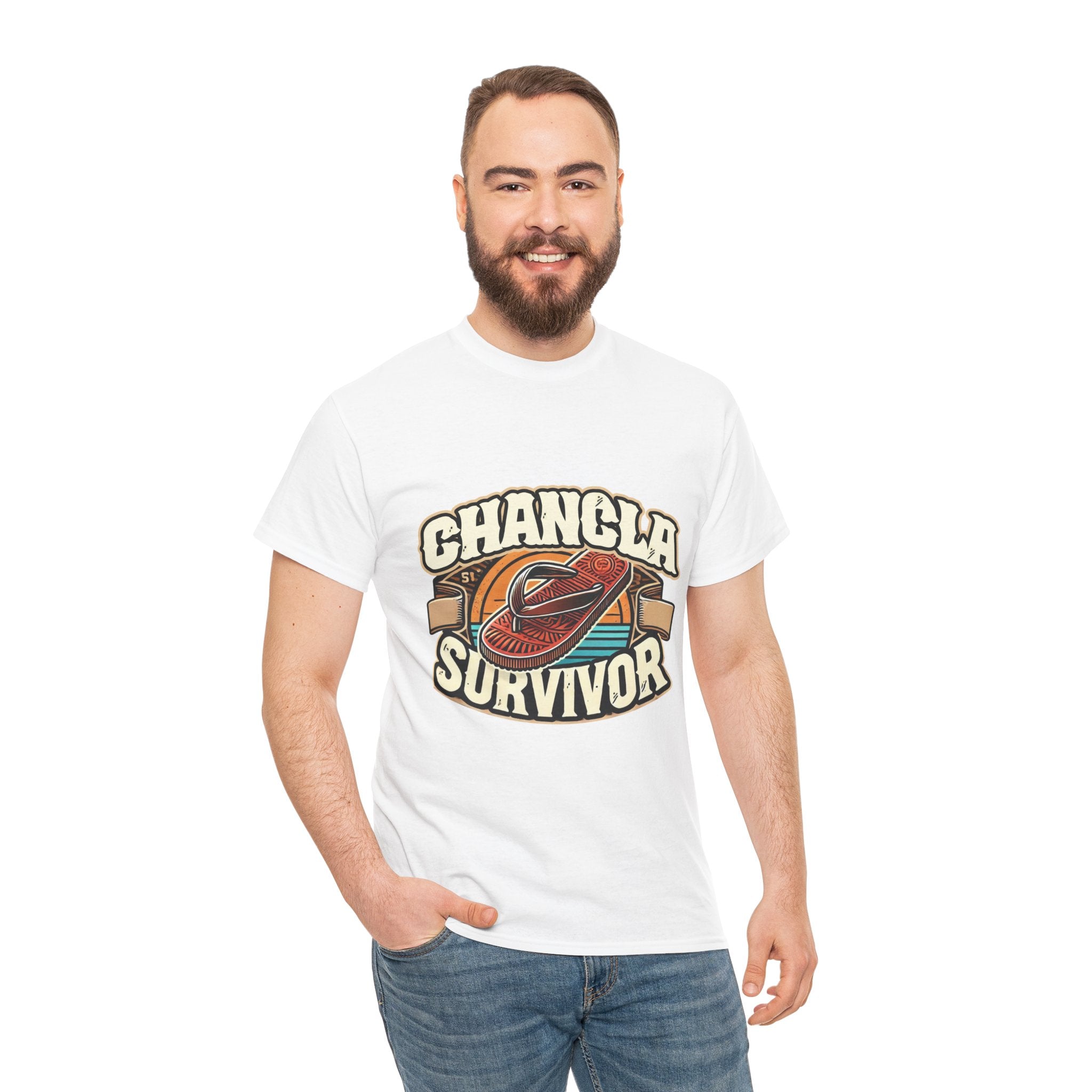 Funny Mexican t-shirt featuring the phrase 'Chancla Survivor. White T-shirt featuring a retro-inspired 'Chancla Survivor' design with a graphic of a traditional sandal. Perfect for those with a sense of humor about family discipline and nostalgic cultural references.