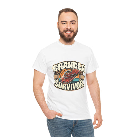 Funny Mexican t-shirt featuring the phrase 'Chancla Survivor. White T-shirt featuring a retro-inspired 'Chancla Survivor' design with a graphic of a traditional sandal. Perfect for those with a sense of humor about family discipline and nostalgic cultural references.