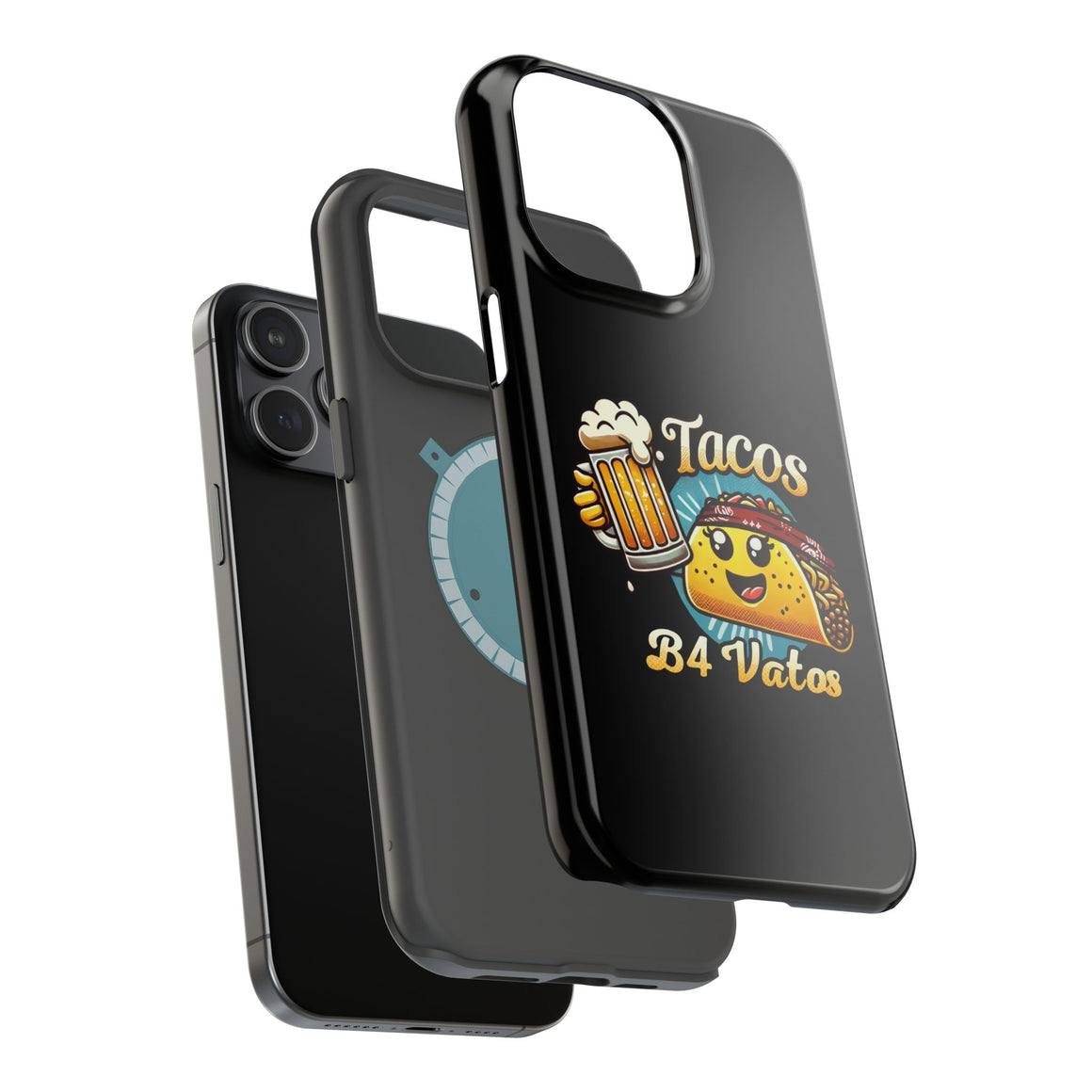 Black iPhone 16 magnetic phone case featuring a playful 'Tacos B4 Vatos' design with a cheerful taco character holding a frothy beer mug. Perfect for taco lovers who want a fun and unique phone accessory.