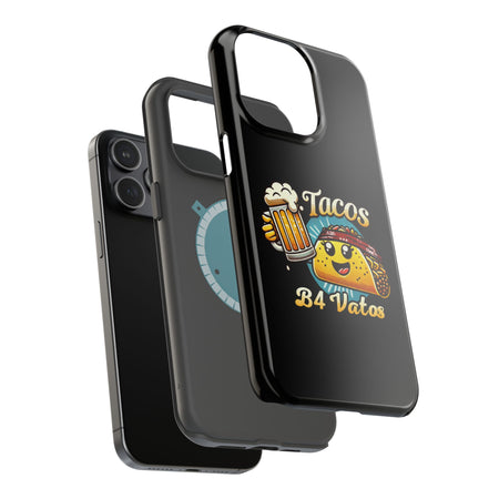 Black iPhone 16 magnetic phone case featuring a playful 'Tacos B4 Vatos' design with a cheerful taco character holding a frothy beer mug. Perfect for taco lovers who want a fun and unique phone accessory.