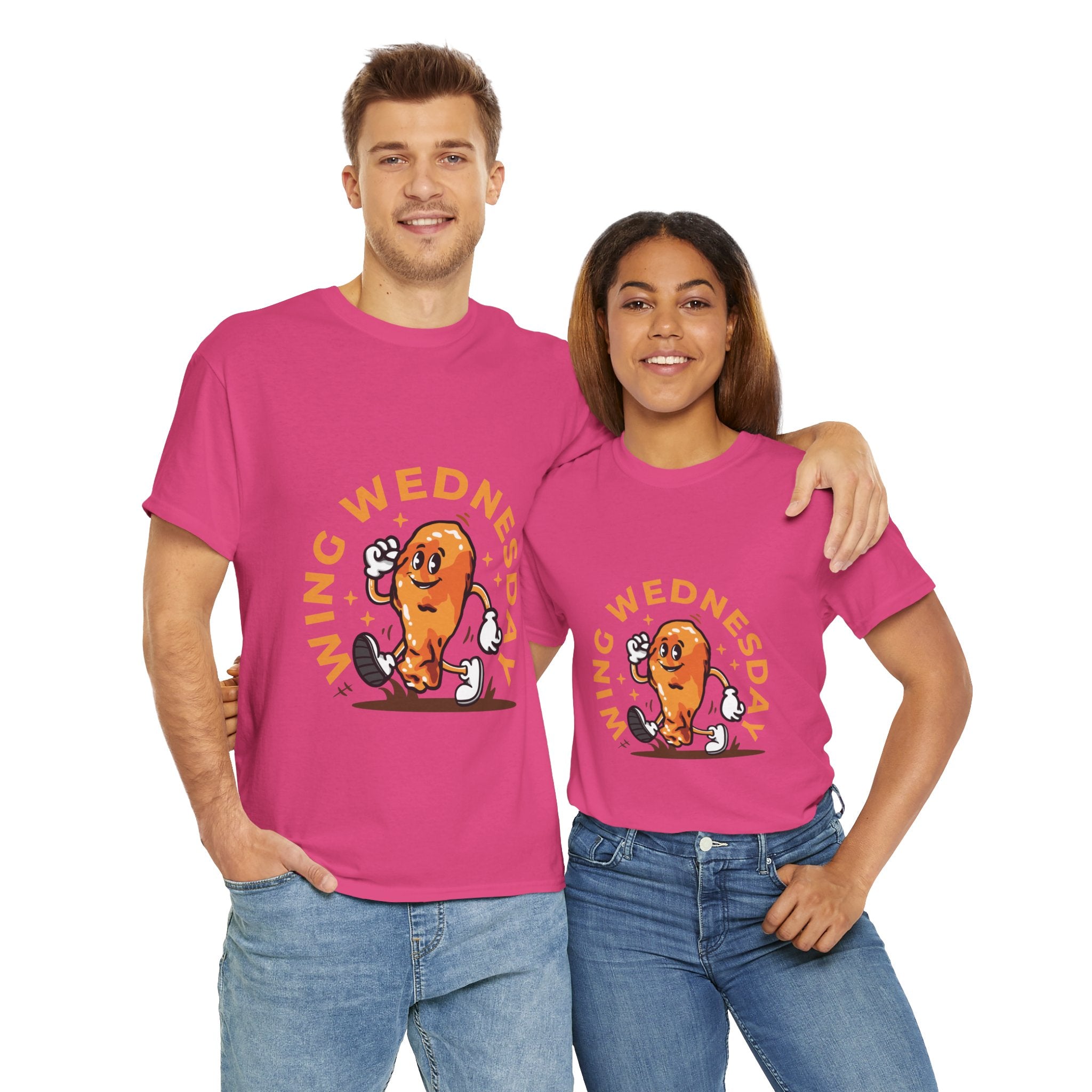 Hot Pink T-shirt featuring a fun 'Wing Wednesday' design with a cartoon-style chicken wing character in motion. Perfect for food lovers and those who enjoy celebrating Wing Wednesday in style.