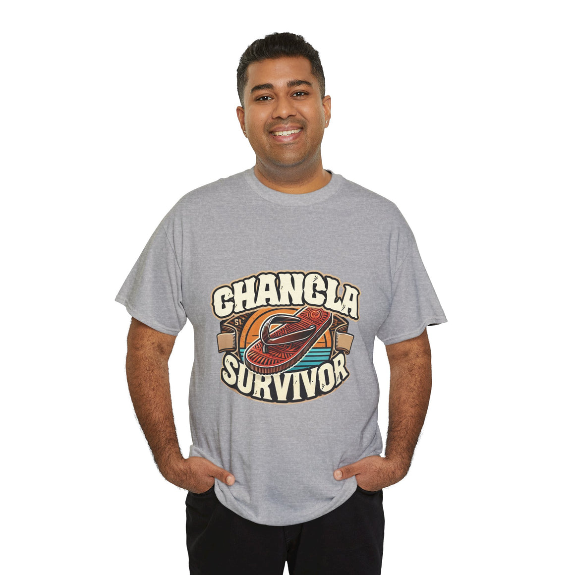 Funny Mexican t-shirt featuring the phrase 'Chancla Survivor. T-shirt featuring a retro-inspired 'Chancla Survivor' design with a graphic of a traditional sandal. Perfect for those with a sense of humor about family discipline and nostalgic cultural references.