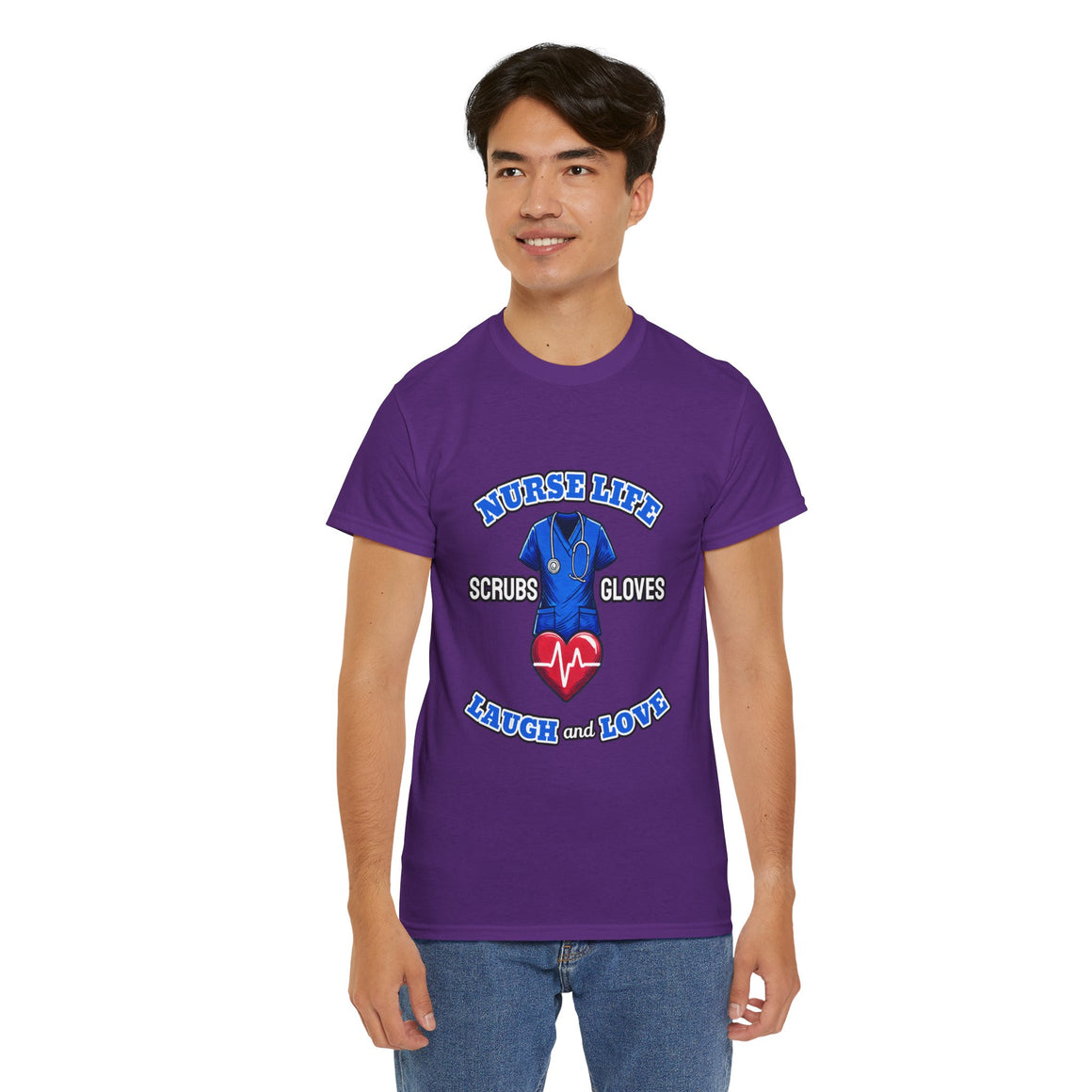 A smiling young man wearing a purple T-shirt with the design "Nurse Life - Scrubs, Gloves, Laugh and Love," featuring a stethoscope and heart symbol. This shirt is part of a Nurse Week clothing gift collection, ideal for nurses to celebrate and showcase their dedication. Perfect for Nurse Week clothing gifts for nurses.