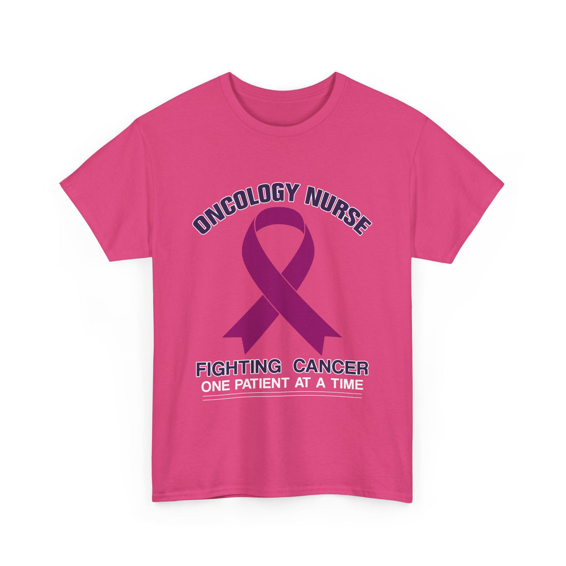 A t-shirt with the design 'Oncology Nurse - Fighting Cancer One Patient at a Time' featuring a purple cancer ribbon, part of the oncology nurse t-shirt designs collection, symbolizing strength and commitment in cancer care.