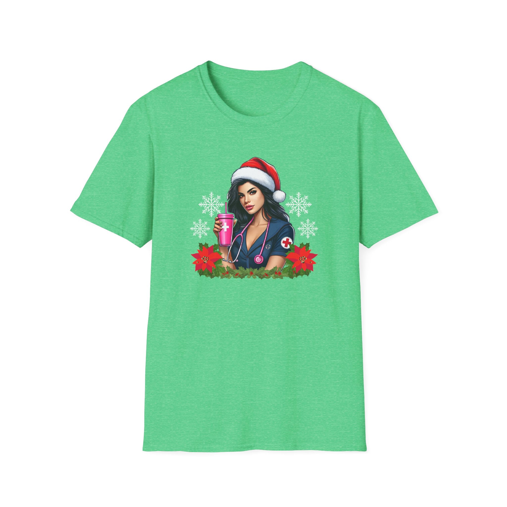 Christmas nurse-themed t-shirt featuring a stylish nurse in a Santa hat holding a festive pink drink, adorned with poinsettias and holiday greenery. Perfect holiday apparel for nurses looking to add festive cheer to their wardrobe.