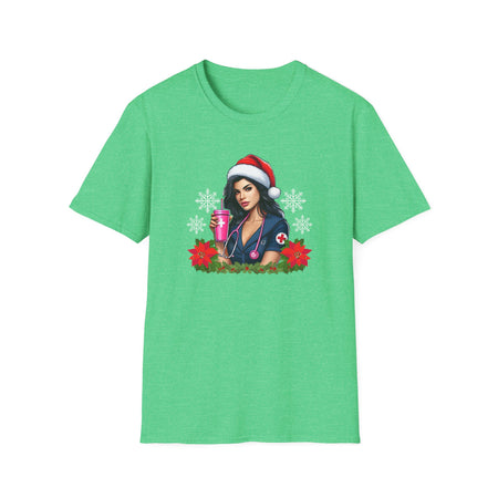 Christmas nurse-themed t-shirt featuring a stylish nurse in a Santa hat holding a festive pink drink, adorned with poinsettias and holiday greenery. Perfect holiday apparel for nurses looking to add festive cheer to their wardrobe.