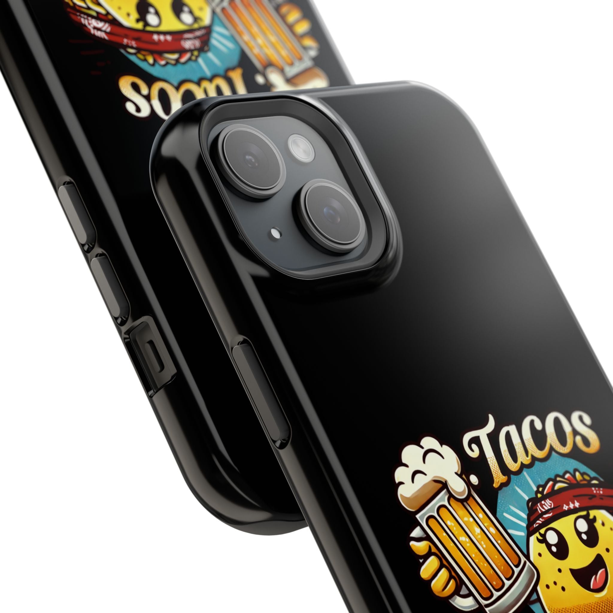 Black iPhone 16 magnetic phone case featuring a playful 'Tacos B4 Vatos' design with a cheerful taco character holding a frothy beer mug. Perfect for taco lovers who want a fun and unique phone accessory.