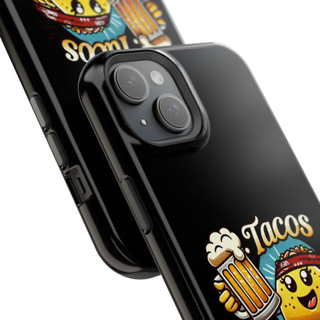 Black iPhone 16 magnetic phone case featuring a playful 'Tacos B4 Vatos' design with a cheerful taco character holding a frothy beer mug. Perfect for taco lovers who want a fun and unique phone accessory.