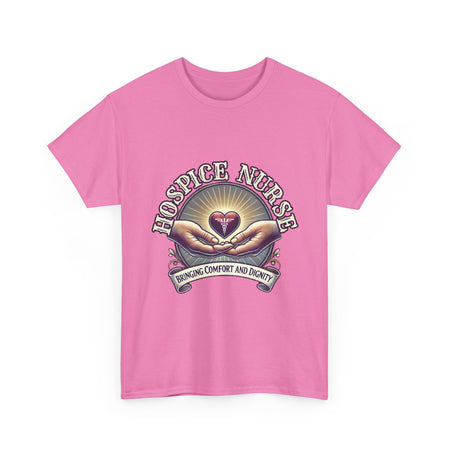 Hospice nurse t-shirt featuring a compassionate design with hands holding a heart and the phrase 'Bringing Comfort and Dignity,' symbolizing the care and support provided by hospice nurses. Ideal for hospice nurses who are dedicated to their mission.