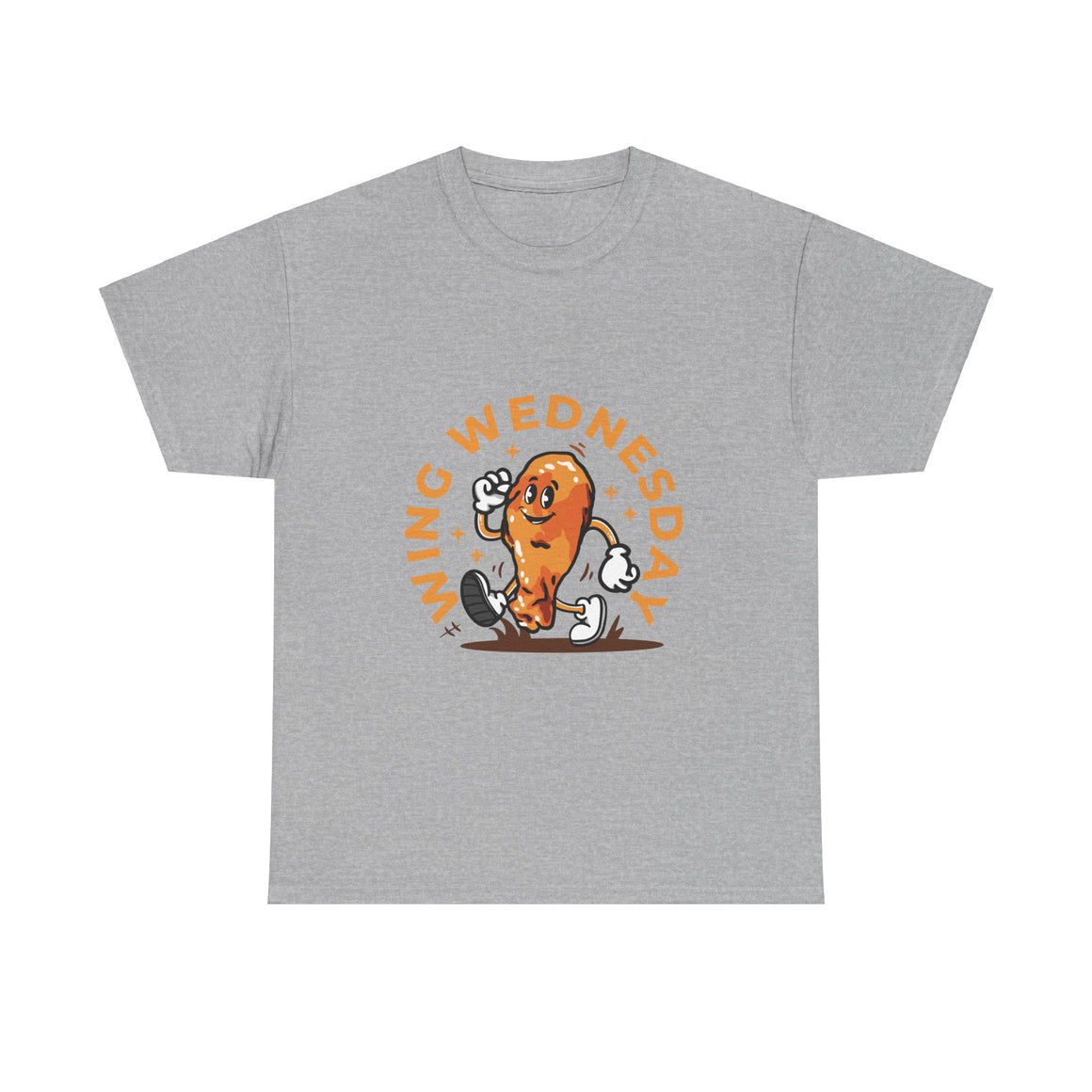 Grey t-shirt featuring a fun 'Wing Wednesday' design with a cartoon-style chicken wing character in motion. Perfect for food lovers and those who enjoy celebrating Wing Wednesday in style."