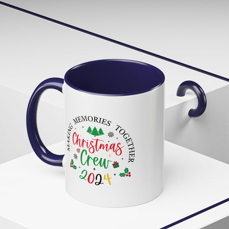 Festive coffee cup design featuring the text 'Christmas Crew 2024' in red and green with holiday elements like Christmas trees, holly, ornaments, and a gift box. Perfect for holiday gatherings and festive cheer.