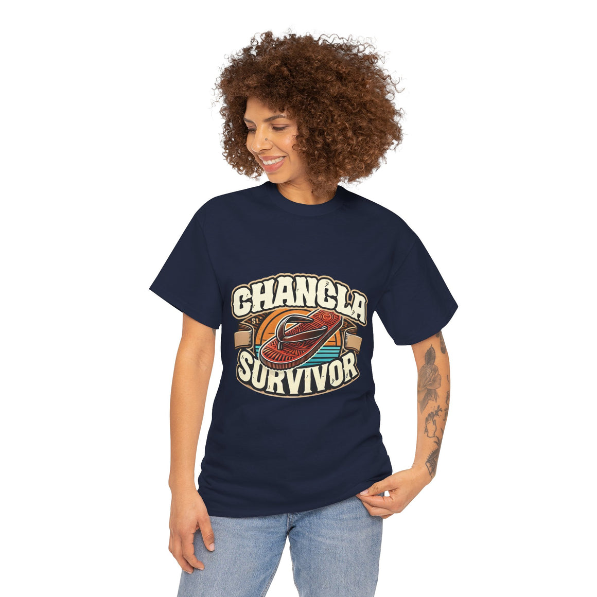 Funny Mexican t-shirt featuring the phrase 'Chancla Survivor. Navy Blue t-shirt featuring a retro-inspired 'Chancla Survivor' design with a graphic of a traditional sandal. Perfect for those with a sense of humor about family discipline and nostalgic cultural references.